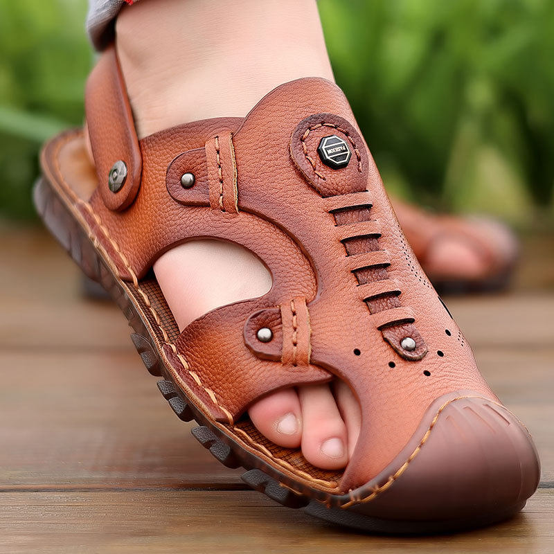 Sandal Da Bò Mũi Kín Nam Thoáng Khí 2in1 Chiều Cao Đế Khoảng 2cm Màu Nâu