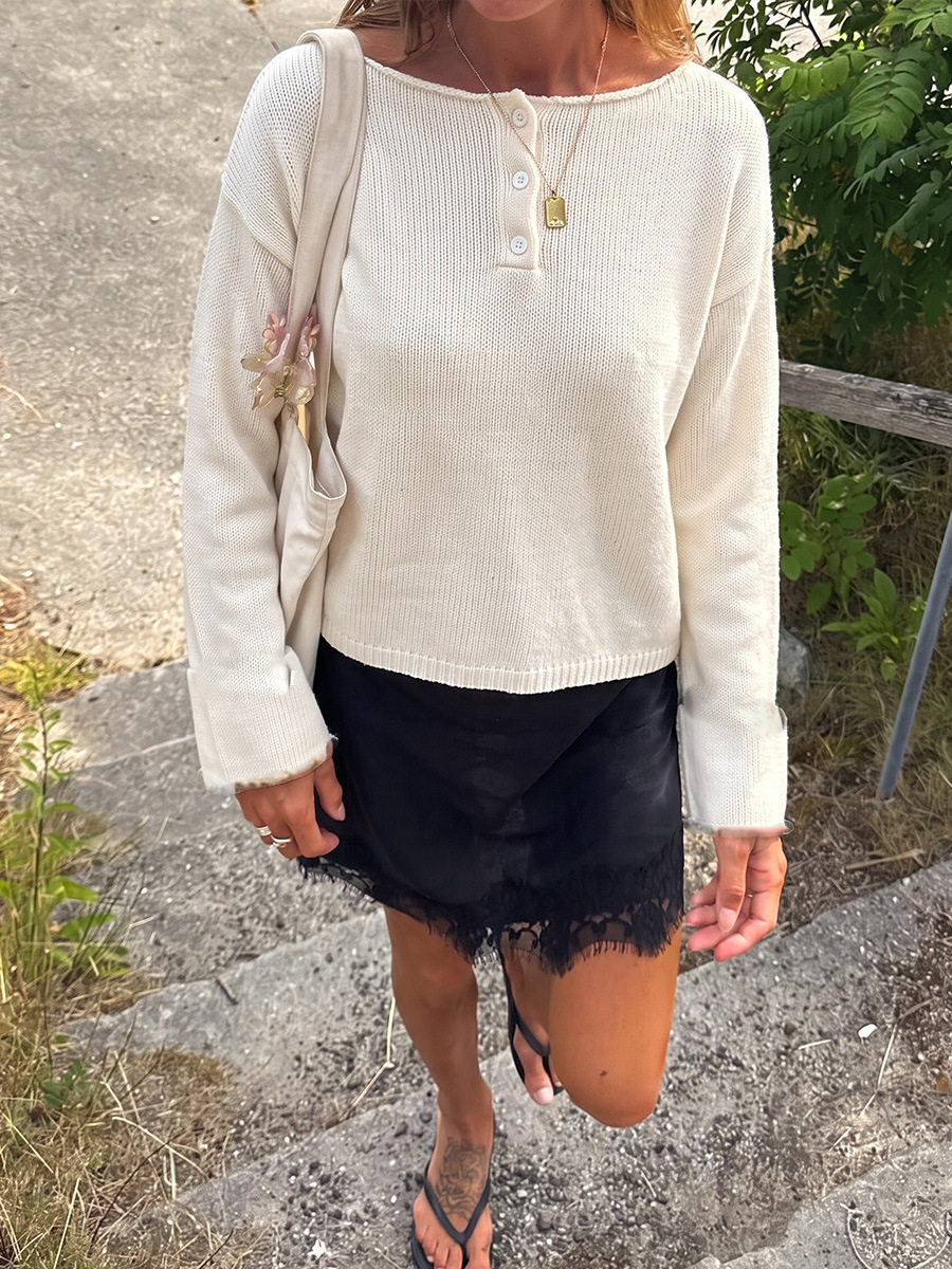 Womens Oversized Knit Sweater Round Neck Button Detail Long Sleeve Solid Color Casual Autumn Winter Top OEM
