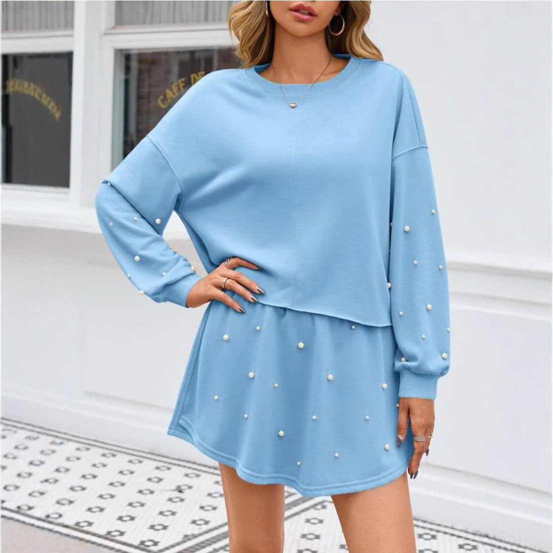 Womens Summer Pearl Embellished Set Elegant Versatile Long Sleeve Round Neck Solid Color Perfect for Casual or