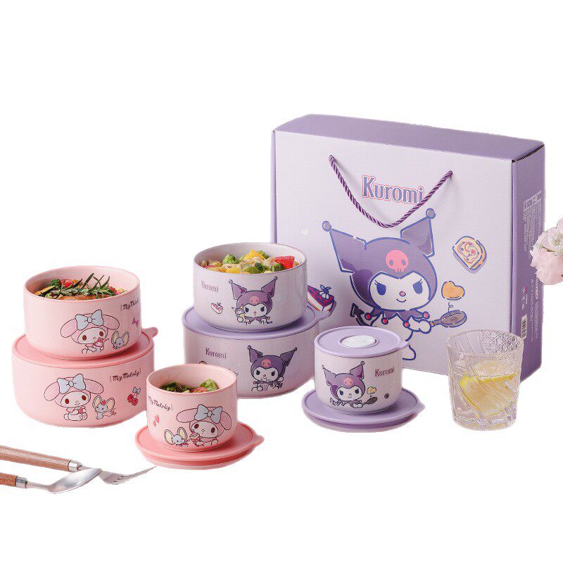 Sanrio Ceramic Fresh-keeping Bowl suit Three-piece Set Cartoon Cute Sealed Lid Large Capacity High Color Value Lunch Box New