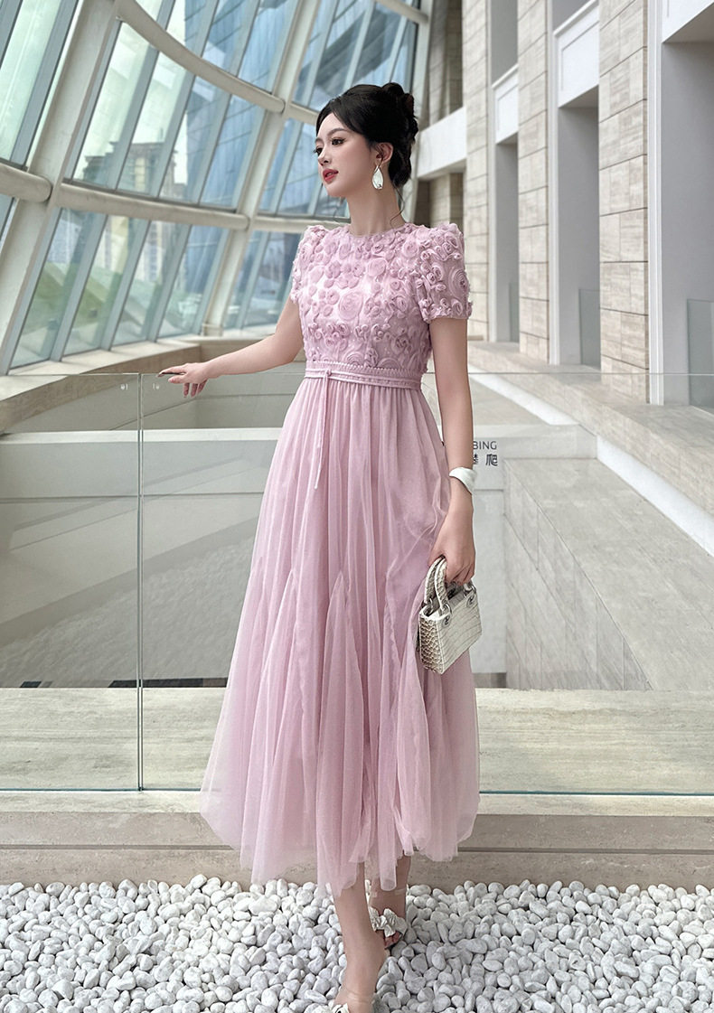 Đầm suông nữ tay ngắn cổ tròn chất liệu lưới voan phối ren nổi 3D — [Hồng], [Mơ] chi tiết 15