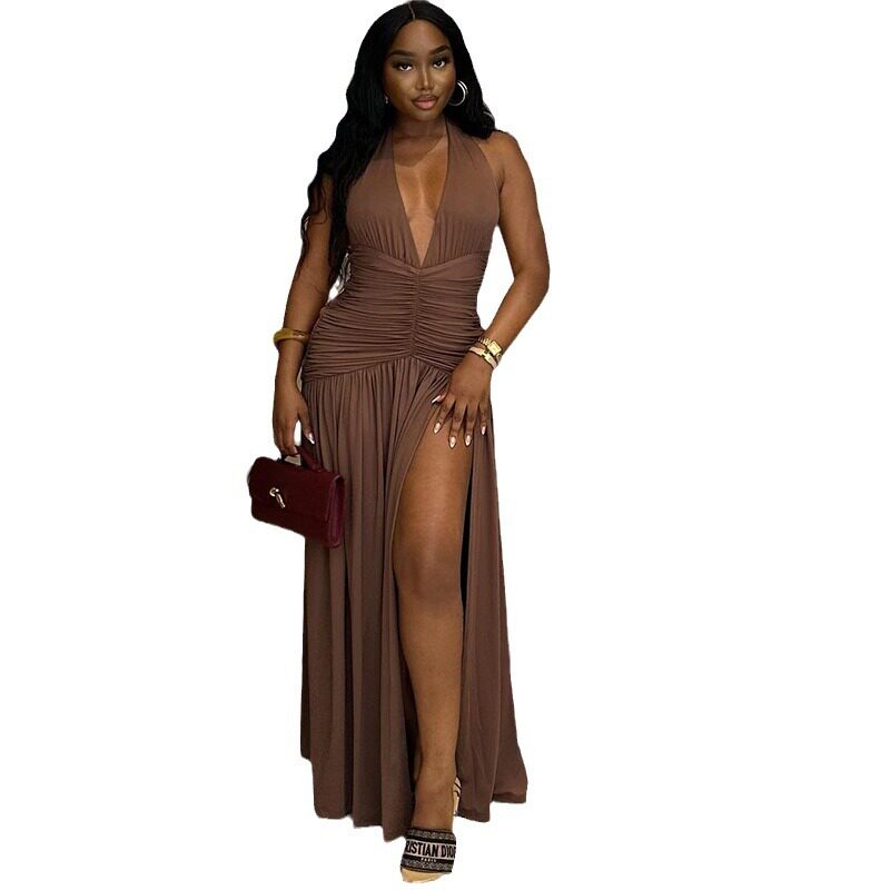 Sleeveless Deep V Neck Split Back Dress Solid Color High Slit Waist Defining Elegant Style Perfect for Parties and