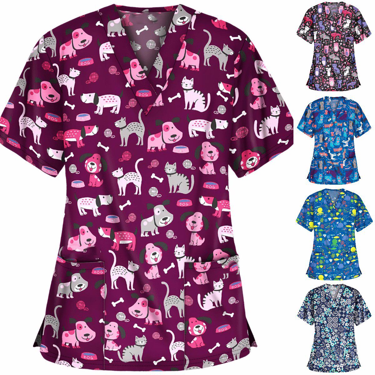 Womens Printed V Neck Short Sleeve T Shirt Casual Style Pocket Detail Comfortable Fabric Perfect for Summer