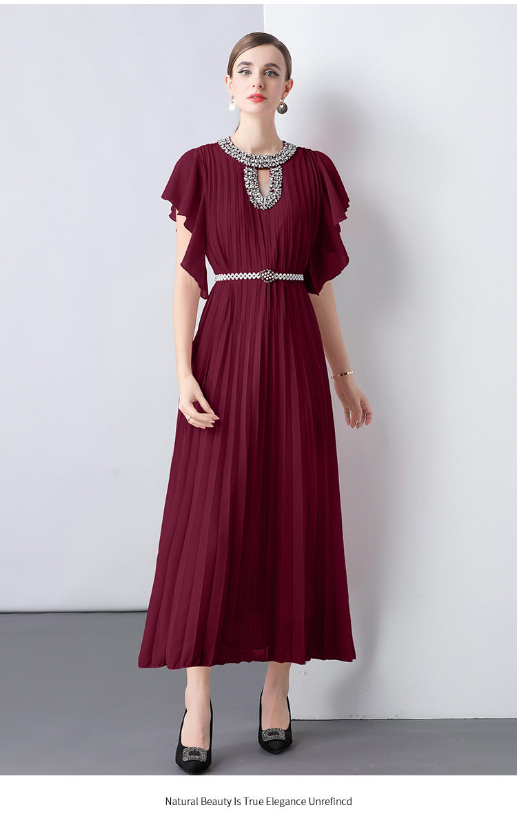 Elegant Long Dress Ruffled Sleeves Embellished Neckline Fitted Waist Vintage Style for Formal Occasions Wholesale