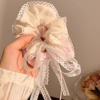 French-Style Girly Scrunchie for Women, White Lace Hollow Hair Accessory, Korean Princess Style Bun Ponytail Hair Tie