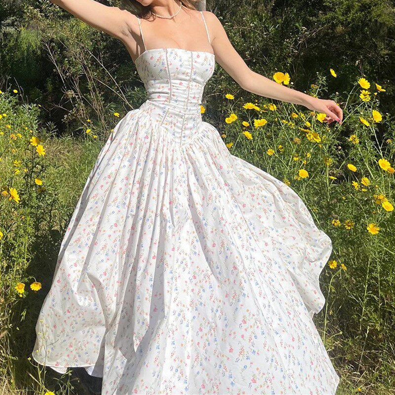 Summer Floral Print Midi Dress Slim Fit Spaghetti Straps Elegant French Style Perfect for Casual Outings Wholesale