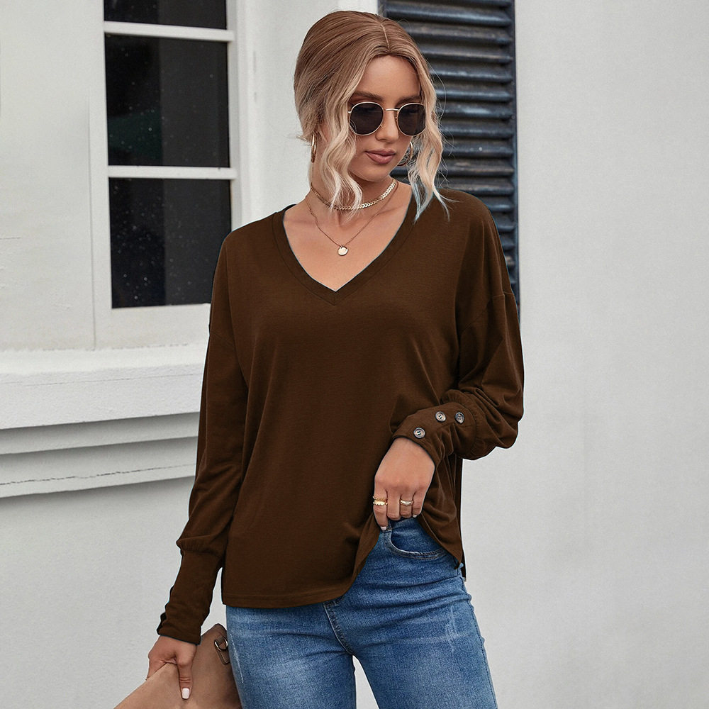Womens Loose Fit V Neck Long Sleeve T Shirt Solid Color Casual Style Autumn Winter Ready to Ship