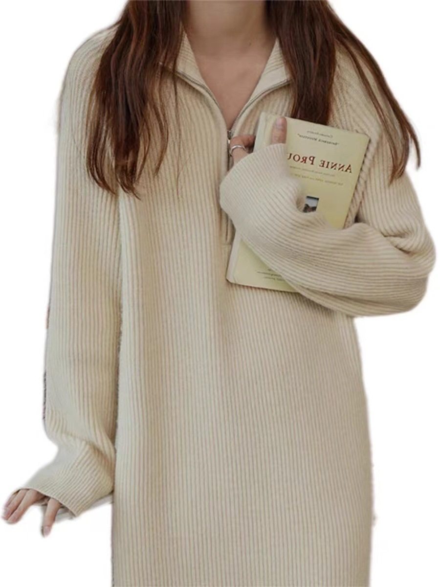 Maternity Dress Autumn and Winter Thick Knitted Sweatshirt Dress Mid-Length Sweater Dress Lapel Zipper High-End Wear