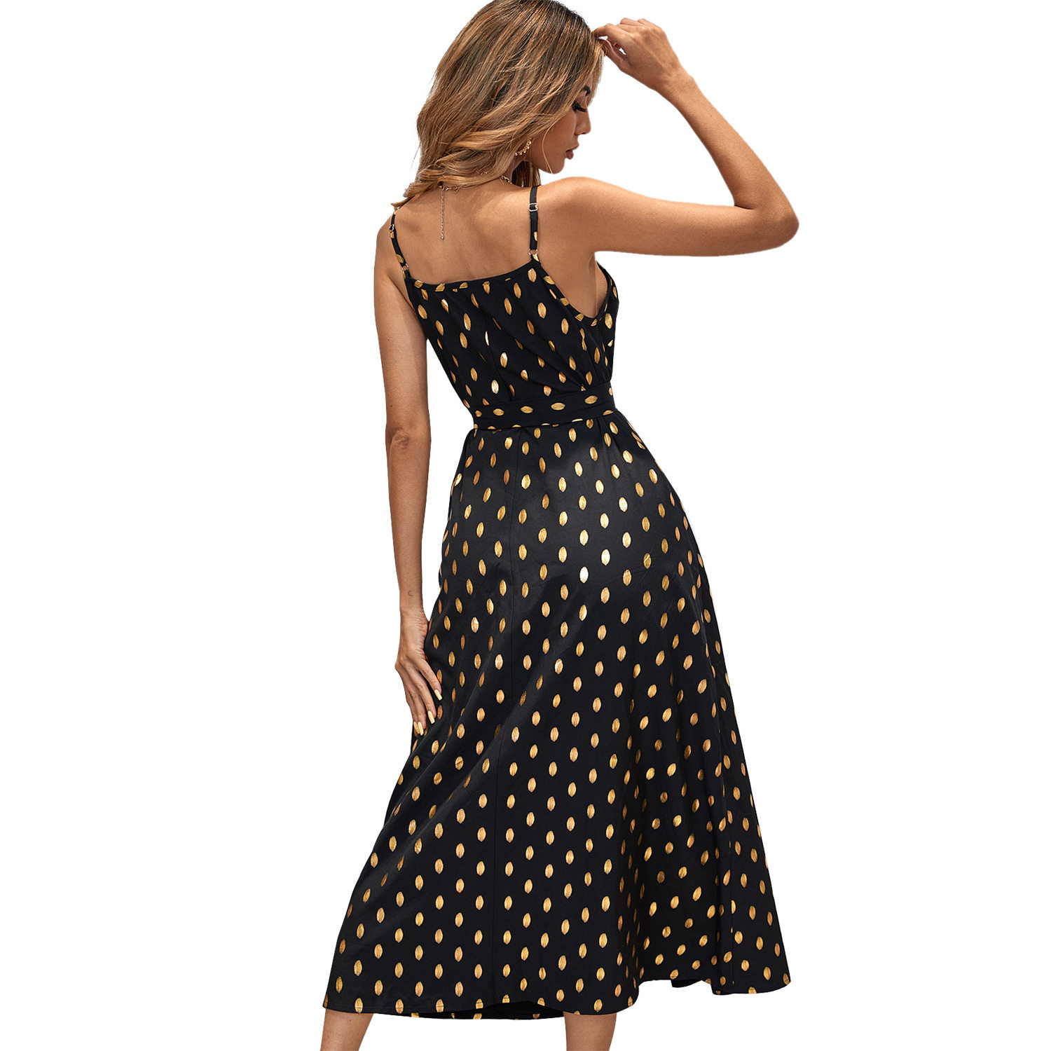 Sleeveless Polka Dot Chiffon Dress Sexy Split Design Fashionable Style Perfect for Parties and Summer Events