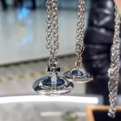 [Denim Blue] High Quality Queen Mother Orb Medium Denim Blue Stereo Planet Necklace Sweater Chain 80cm