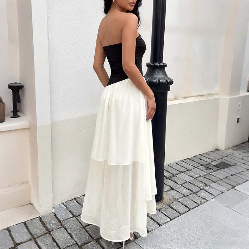 French Style Black and White Color Block Strapless Dress with Bow Detail Sweet and Chic Design for Parties Wholesale