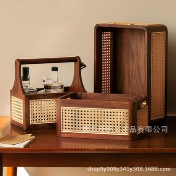 Black Walnut Wood Desktop Storage Box Rattan Basket Storage Basket Storage Box Solid Wood Storage Box Basket