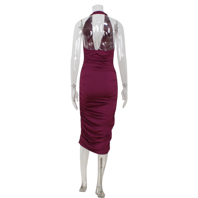 Bodycon Purple Dress Halter Neck V Neck Ruched Design Elegant Evening Wear Wholesale Available