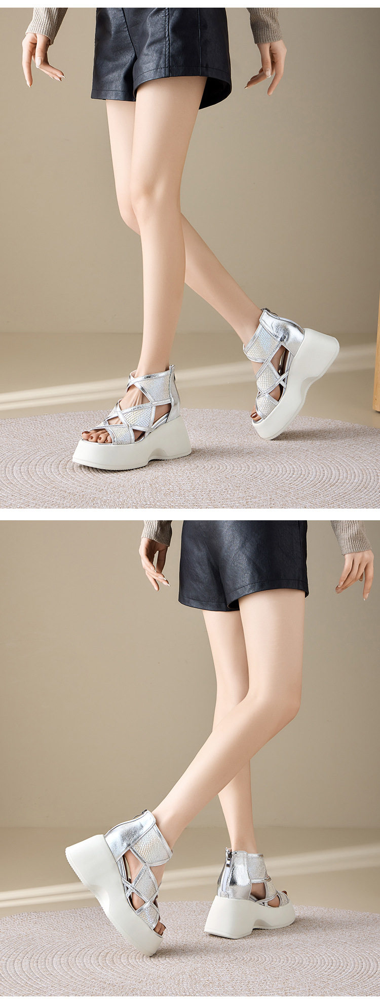 Sandal cao gót nữ hở mũi đế xuồng 10 cm, phong cách đơn giản, tăng chiều cao — [Màu kem], [Màu bạc] chi tiết 7