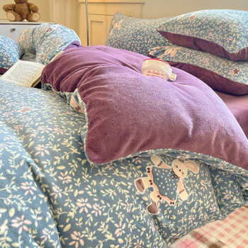 Autumn and Winter Thickened Warm Ins Retro Floral Bunny Milk Flannel 1.5m 1.8m Bed Sheet Duvet Cover Three or Four-Piece Set