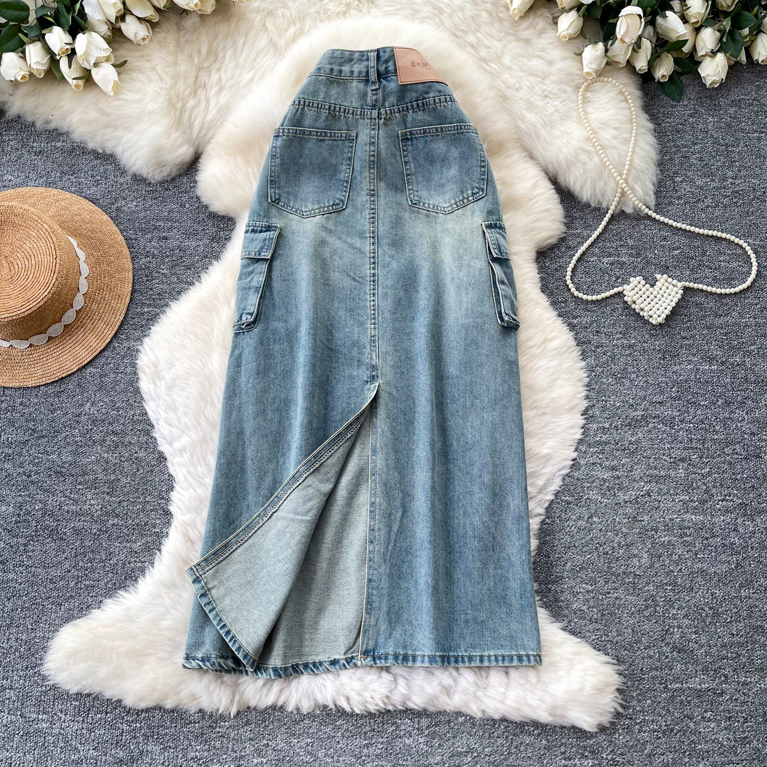 High Waisted Denim A Line Skirt Korean Style Utility Pockets Slim Fit Spring Fashion Versatile for Work Wholesale