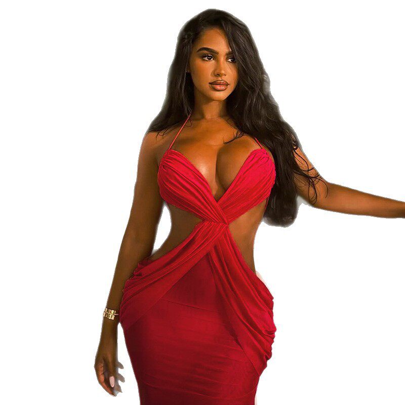 Backless Ruched Bodycon Dress Sleeveless Low Cut Solid Color Elegant Evening Wear for Parties Wholesale Available