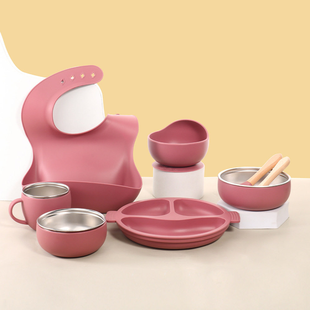 Factory New Product Baby Silicone Stainless Steel Tableware Set Creative Product 304 Stainless Steel Children Silicone Tableware Bowl