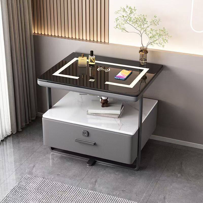 Smart Bedside Table Small Iron Art Very Simple Modern Light Luxury Rock Board Solid Wood Wireless Rechargeable Bedroom Bedside Cabinet