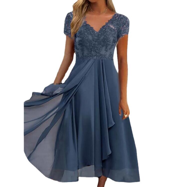 Chiffon Lace Long Dress for Women V Neck Elegant Evening Gown Available in Blue and Green Wholesale with Low MOQ