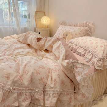 Korean Style Lotus Leaf Lace Pure Cotton Four-piece Set Cotton Fresh Girl's Heart Quilt Cover Bedding Bed Skirt Bed Hat Skin-friendly Naked Sleeping