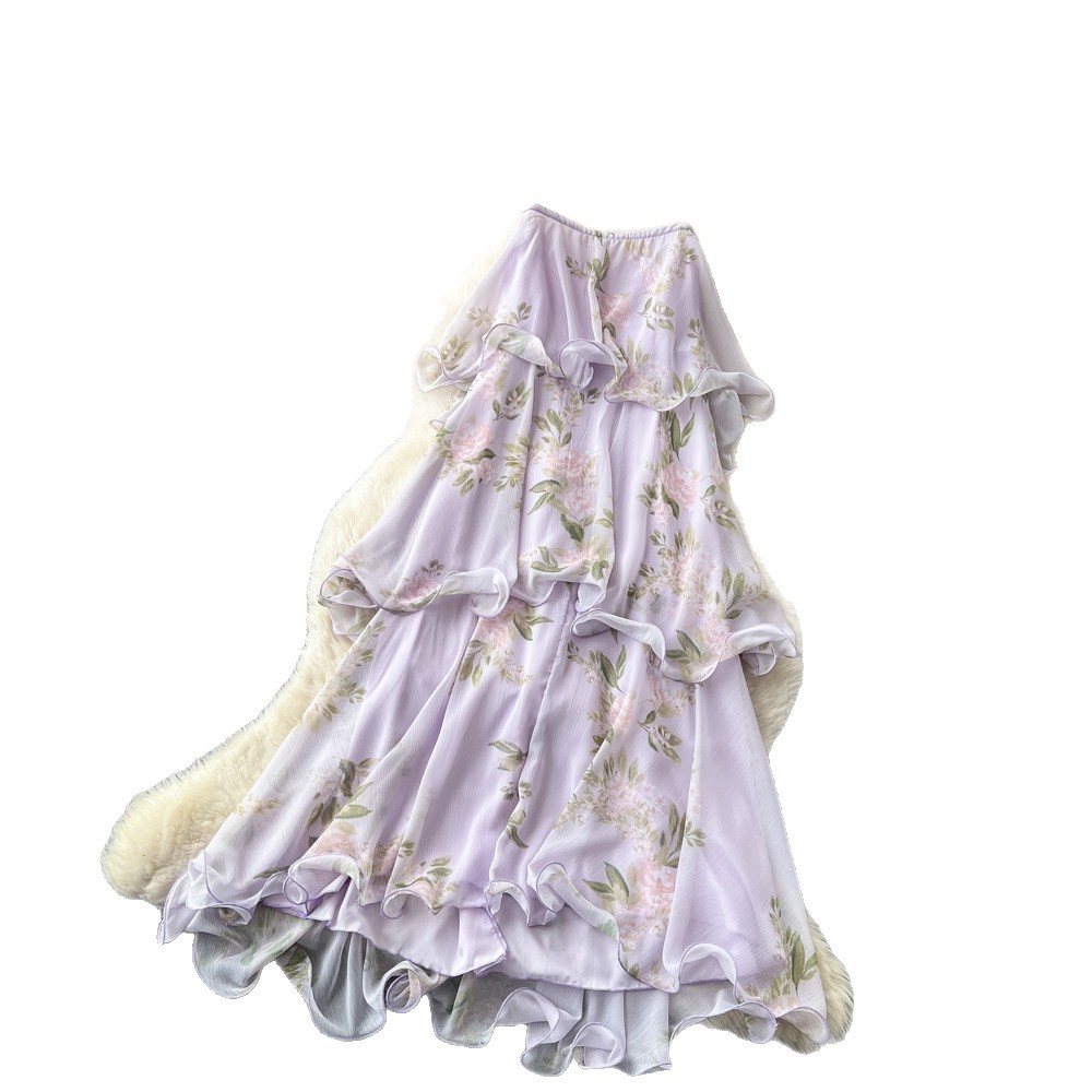 French Vacation Style Purple Floral Sleeveless Dress Ruffle Hem Flattering Fit Summer Elegance Wholesale Available