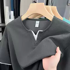 Classic small V-neck summer men's T-shirt short sleeve waffle stitching high-end men's color contrast high-end bottoming shirt men