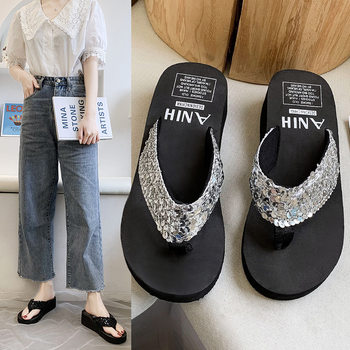 Summer New Sequined Flip-Flops Women's Wedge Heel Thick-Soled Home Slippers Beach Shoes Slippers Women's Shiny Women's Slippers