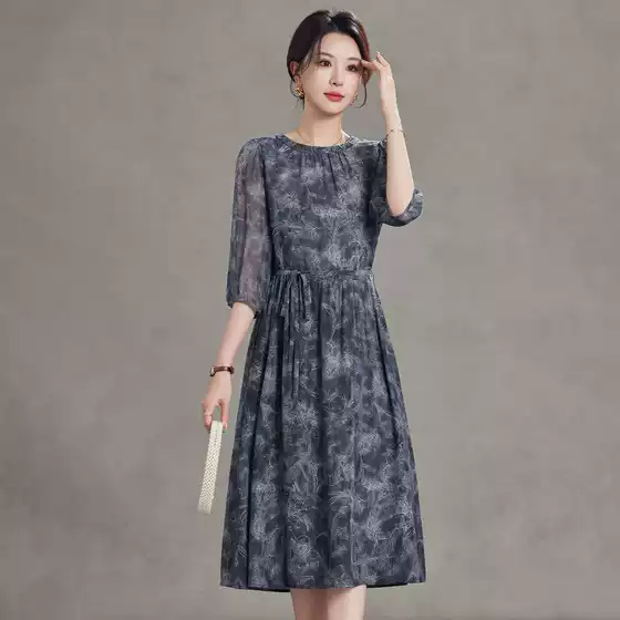 2026 Summer Women's Silk Midi Dress Round Neck Printed Slimming Knee-Length Custom Mulberry Silk Dress