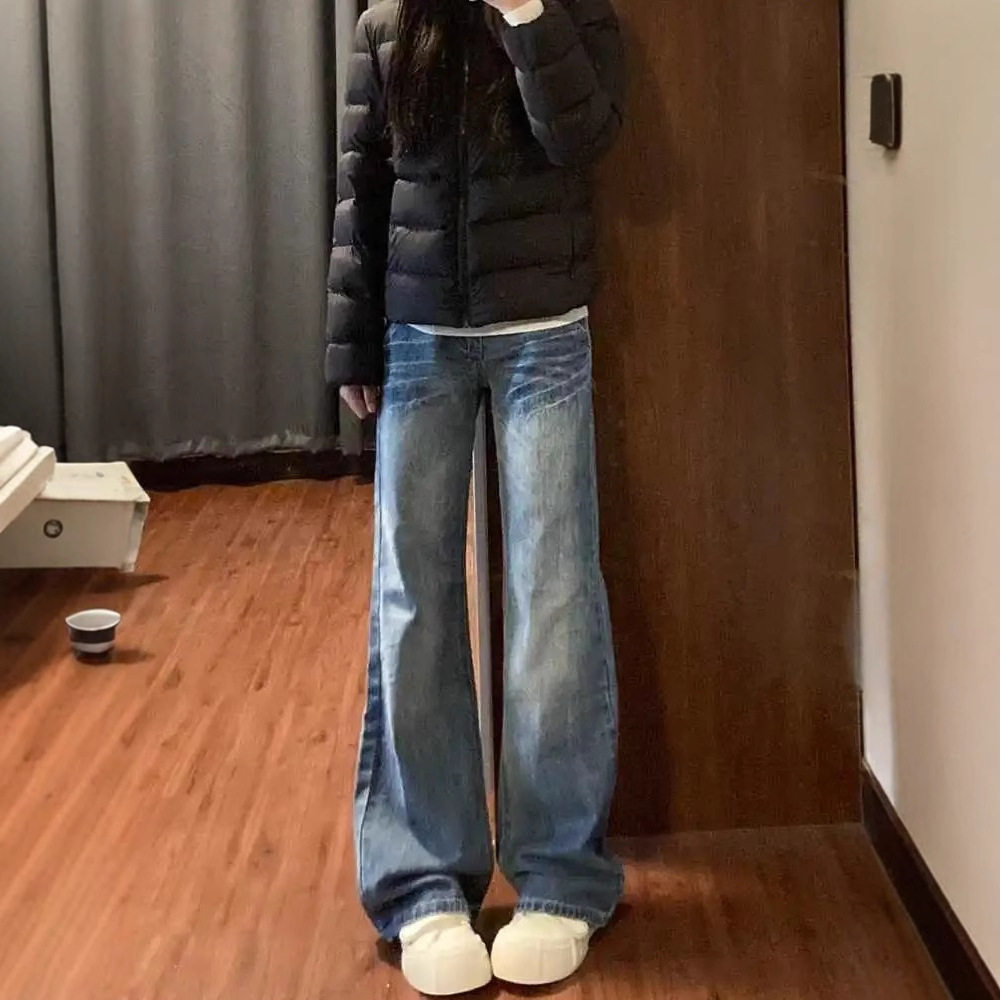 Womens Loose Fit Wide Leg Denim Jeans Washed Finish Straight Cut Comfortable Fabric Spring Summer Casual Wear
