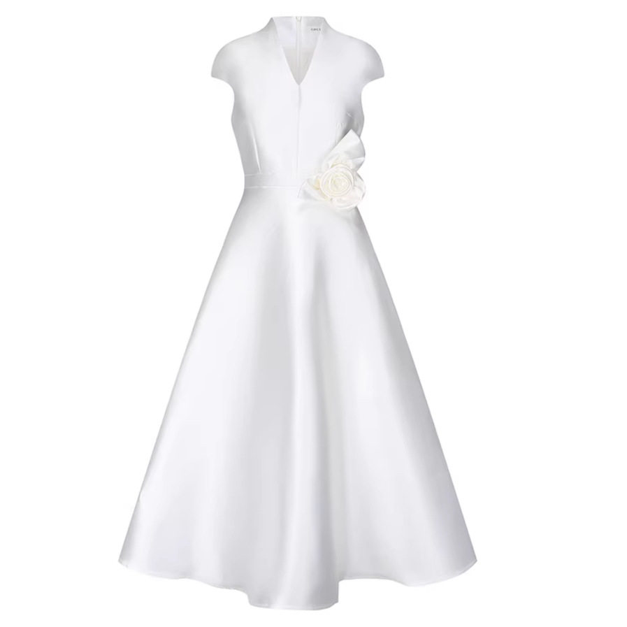 Elegant Long Wedding Dress for Women High End Fashion 3D Floral Design V Neck Puff Sleeves Waist Cinching Perfect