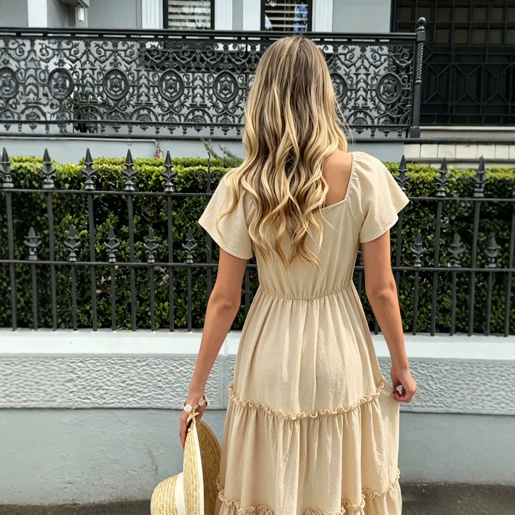 French Style V Neck Short Sleeve Cake Dress Slim Fit Waist Defining Lightweight Fabric Summer Vacation Wear
