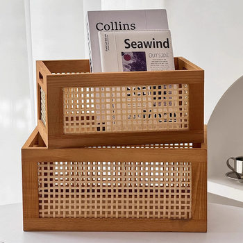 Cross-border Retro Rattan Storage Basket Living Room Book Storage Box Office Solid Wood Drawer Storage Arrangement Basket