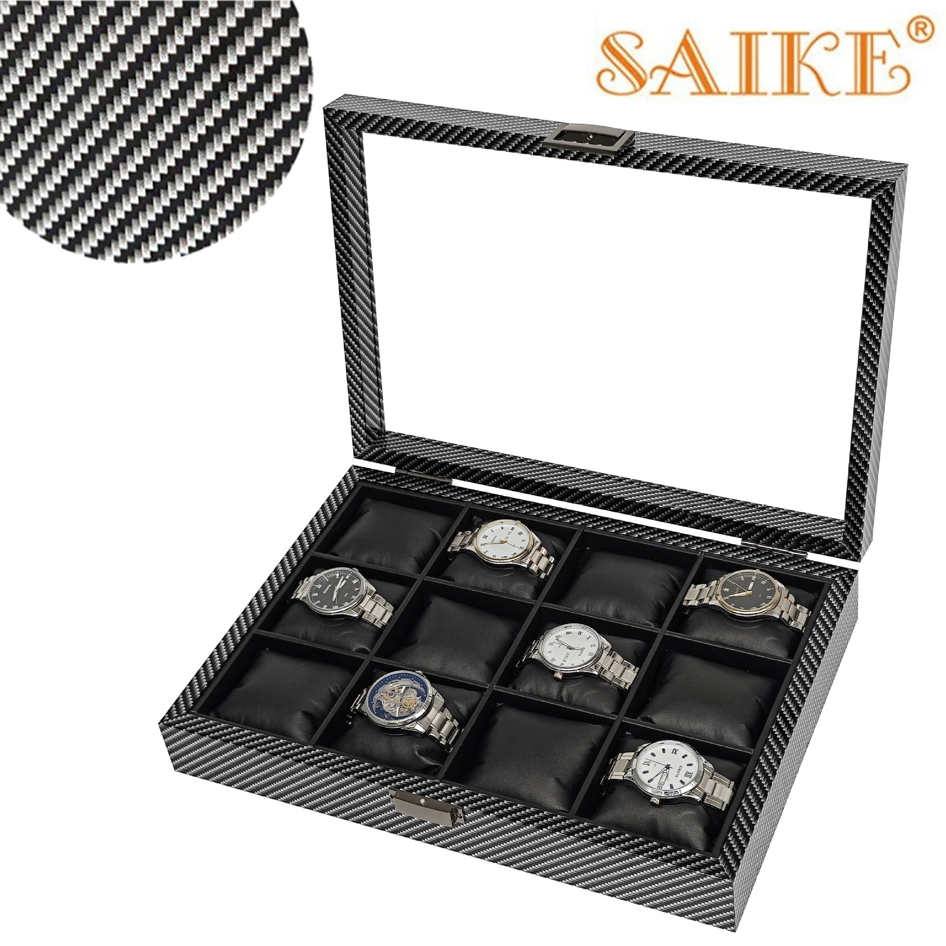 in stock wholesale carbon fiber grain wood silk cotton pillow 12 watch storage collection display box 12 watch box
