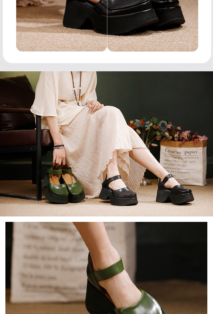 Sandal nữ da bò thật đế dày quai ngang mũi tròn phong cách cổ điển — màu đen, Xanh lá cây