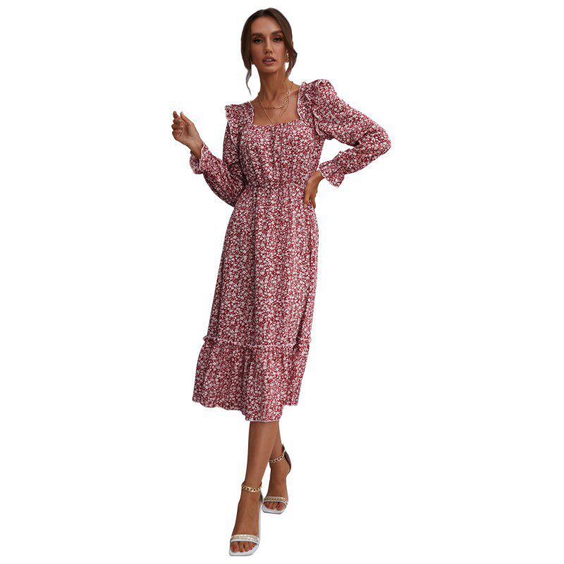 Floral Print Long Sleeve Dress Square Neck Spring Fashion Womens Apparel Wholesale Available
