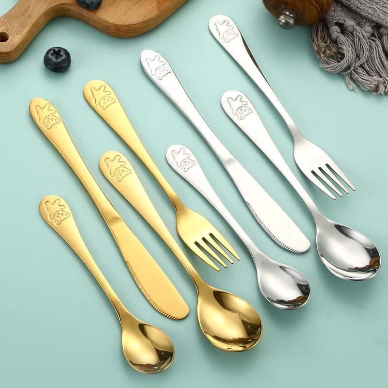 Bear four-piece 304 stainless steel tableware suit cartoon children's spoon Fork knife dessert spoon student Golden Western food