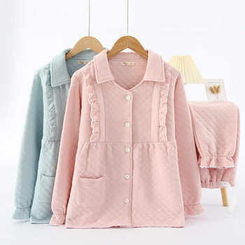 Autumn and Winter Thickened Moon Suit Side-opening Air Cotton Breast-feeding Suit Pregnant Women's Home Moon Suit Lapel Sweet Lace Pajamas
