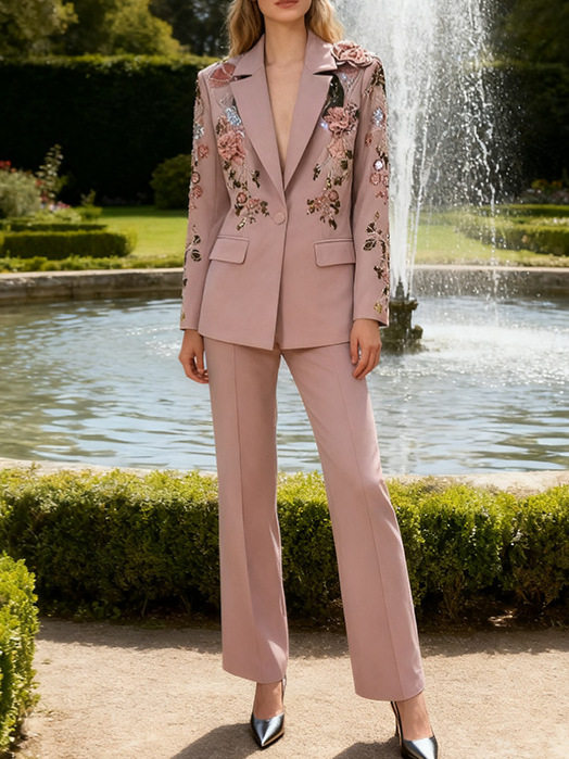 French-Style Elegant Beaded Floral Long-Sleeve Blazer Set 2026 Spring New High-End Waist-Cinching Wide-Leg Two-Piece Suit for Women