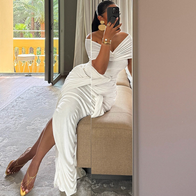 Womens Elegant Solid Color Dress Off Shoulder Split Hem Flowing Ribbons Casual or Party Wear Wholesale Available