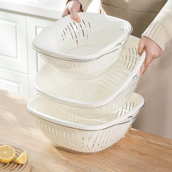 Vegetable Washing Basin Thickened Extra Large Amoy Vegetable Basket Kitchen Supplies Household Artifact Food Grade Fruit Plate Double Layer Draining Basket