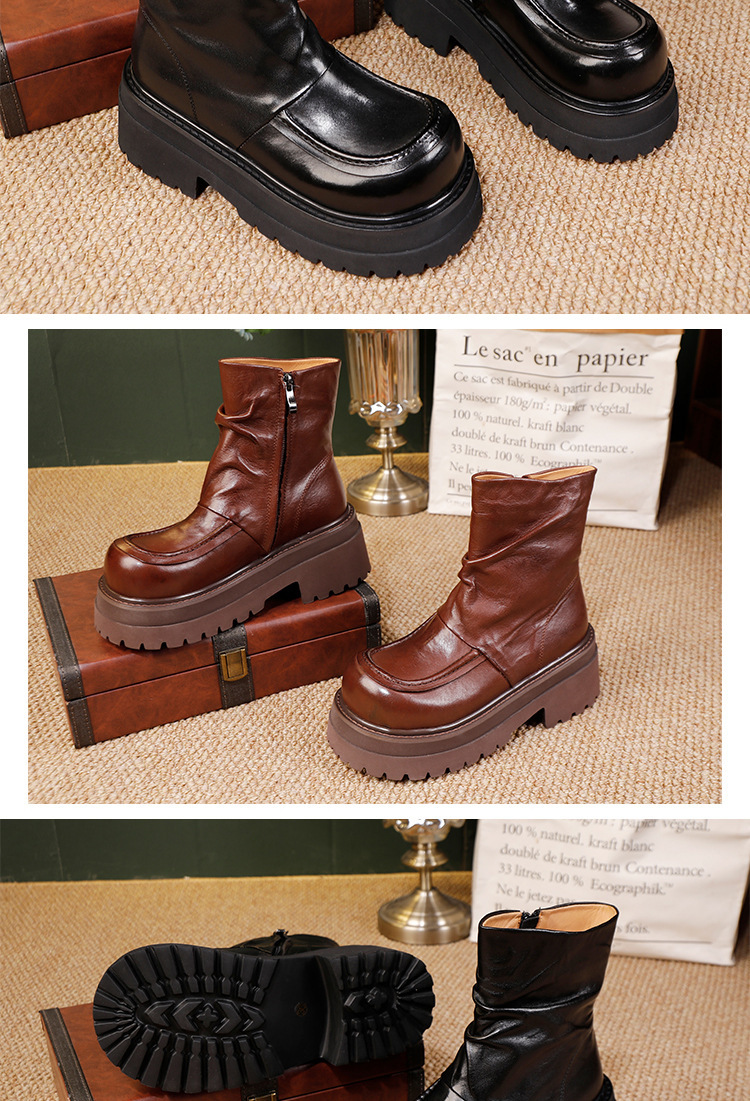 Boot Martin nữ da ngựa cổ ngắn đế dày gót vuông — màu đen, Màu nâu