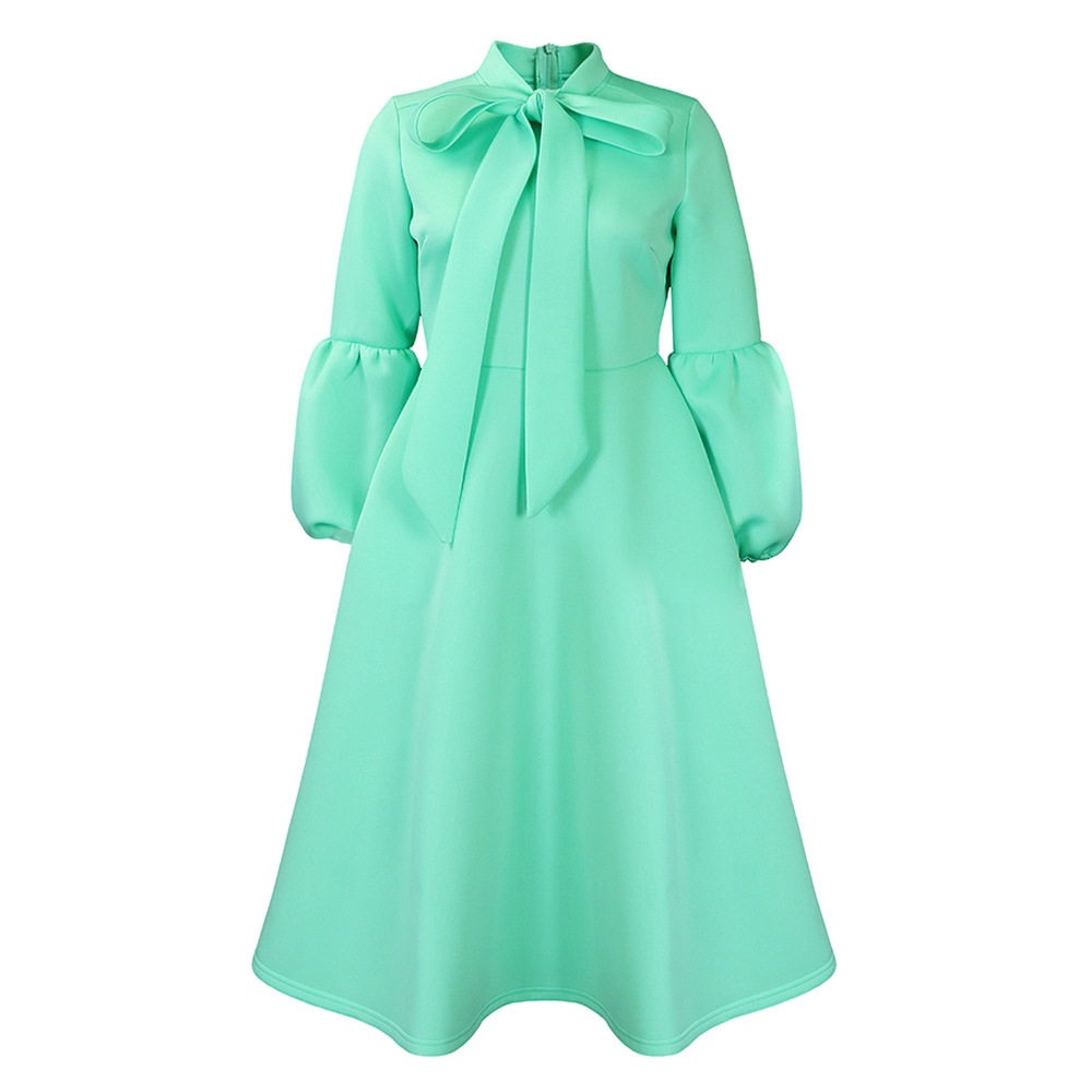 Fashionable High Waisted Lantern Sleeve Dress Plus Size Bow Tie Flared Skirt Spring Summer Occasion Wholesale