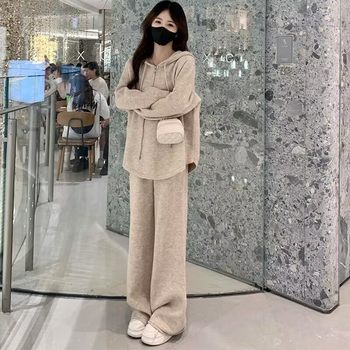 Fashion casual suit women's spring and autumn new slim belly covered hooded vests Joker wide leg pants two-piece fashion #885