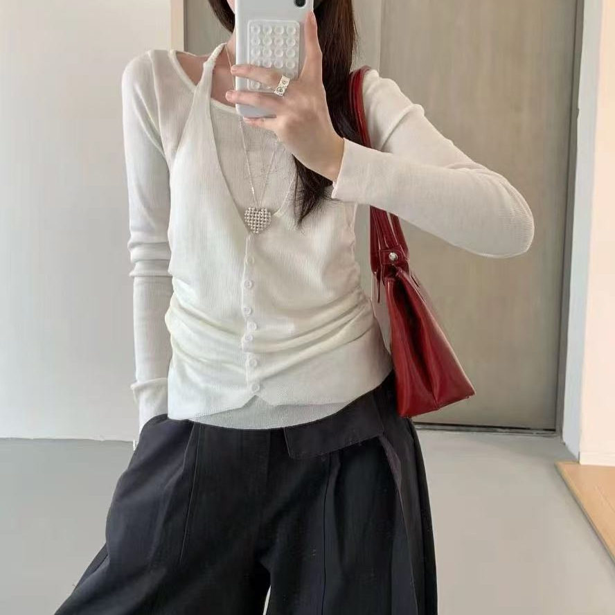 挂脖拼接长袖针织衫假两件上衣2026春季新款高级感巨好看t恤女装