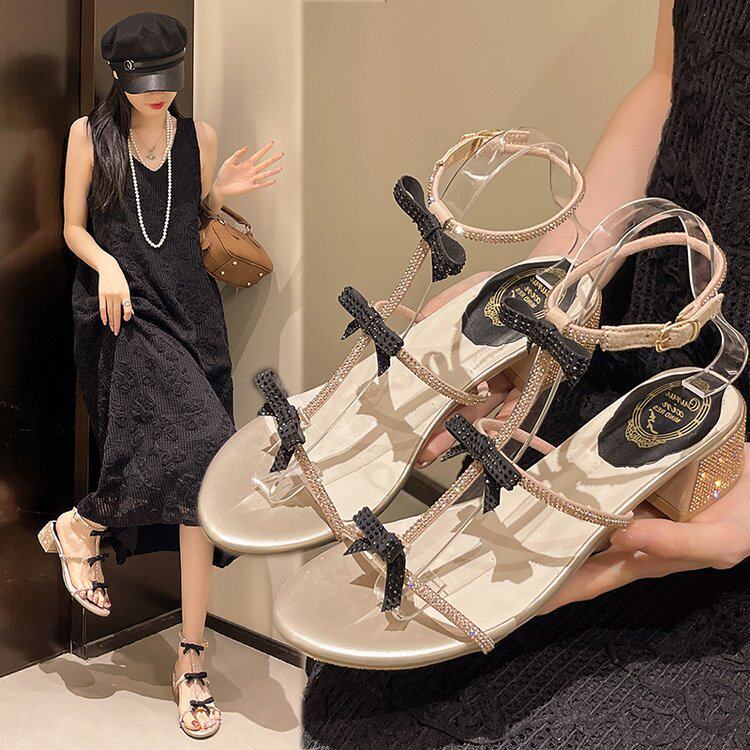 Fairy style bow rhinestone thick heel sandals summer women's shoes champagne Roman design sandals