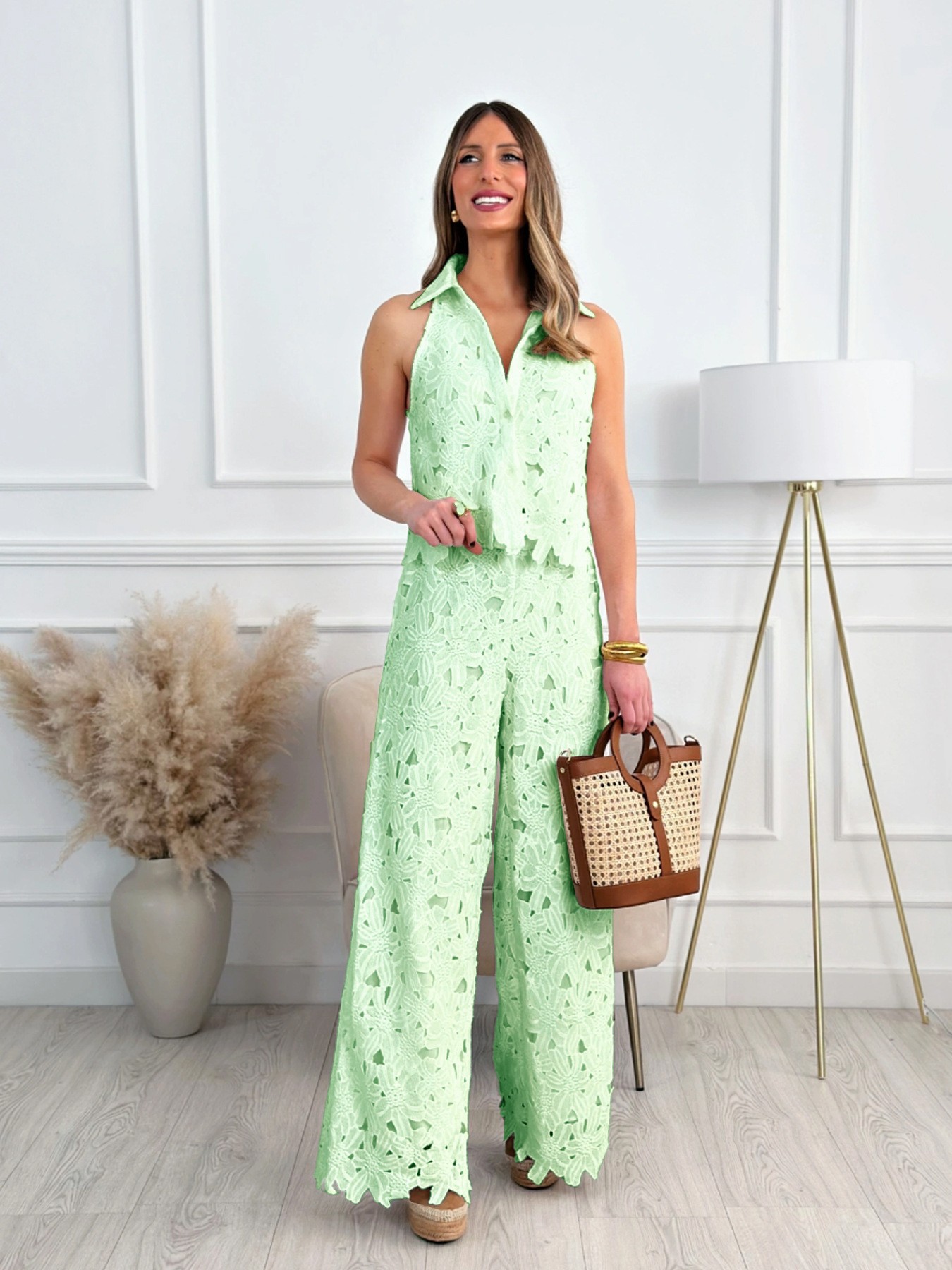 French Embroidered Hollow Out V Neck Tank Top and Wide Leg Straight Pants Set Summer Style Elegant Casual Wear