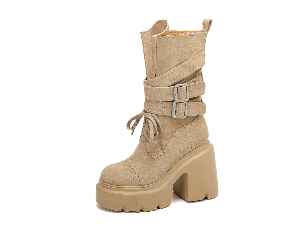 Boot nữ cổ trung khóa thắt lưng gót thô 12cm phong cách cổ điển — Lớp lót đơn màu be, Lớp lót đơn màu đen, Lớp lót đơn màu nâu, Lót nhung đen