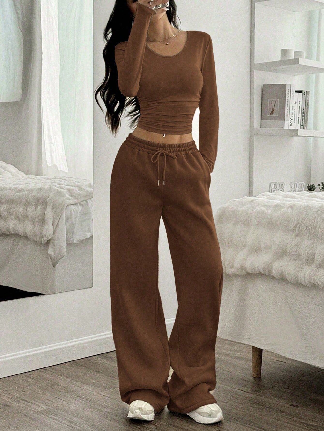 European and American Women's Clothing Cross-Border Fashion Casual Wide-Leg Pants Long-Sleeved Round Neck Solid Color Slim Two-Piece Autumn and Winter Suit