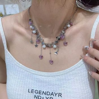 Sweet Cool Spice Girl Star Crystal Butterfly Necklace Women's Niche Design High Tassel Clavicle Chain 2025 New Style